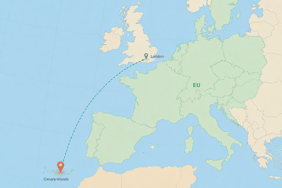 Map: London to the Canary Islands, open to work across the UK and EU